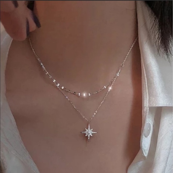 STAR 925 STERLING SILVER DOUBLE LAYERED NECKLACE, NICE NECKLACE, CUTE NECKLACE - Picture 1 of 3